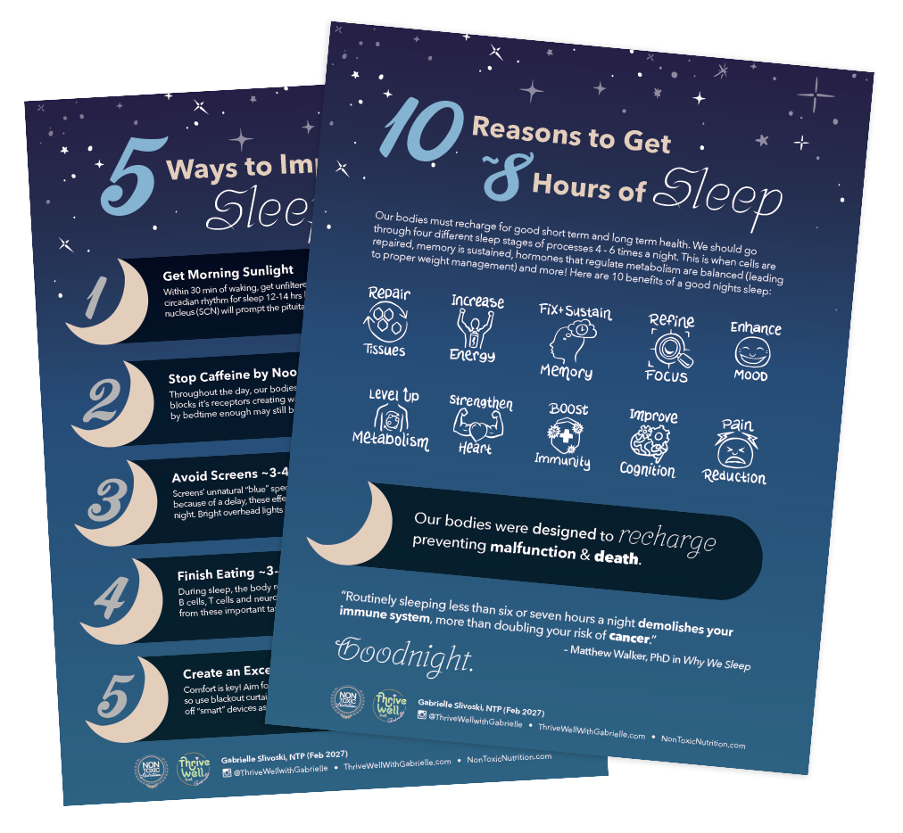 Two sleep infographics: 5 Ways to Improve Sleep and 10 Reasons to Get 8 Hours of Sleep
